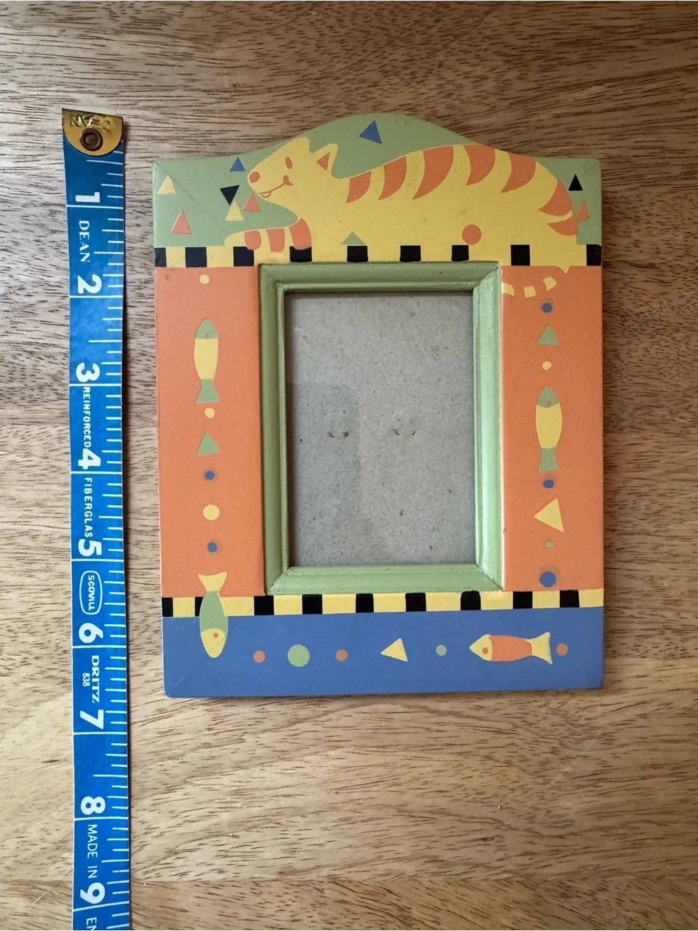 Whimsical Cat & Fish Painted Picture Frame - Orange and Green